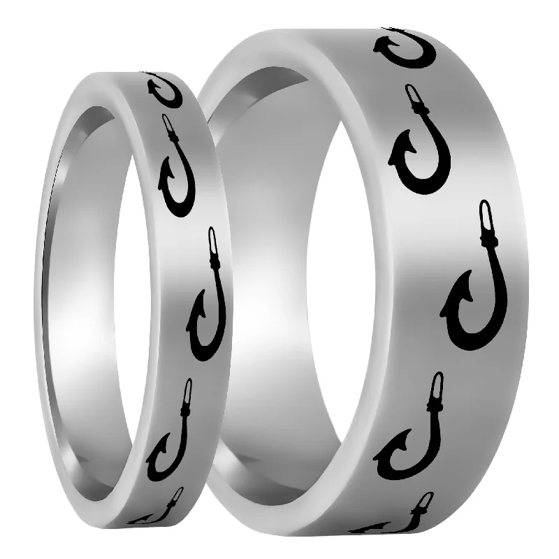 Unique birthstone rings for women-Polynesian Fishing Hook Tungsten Couple's Matching Wedding Band Set