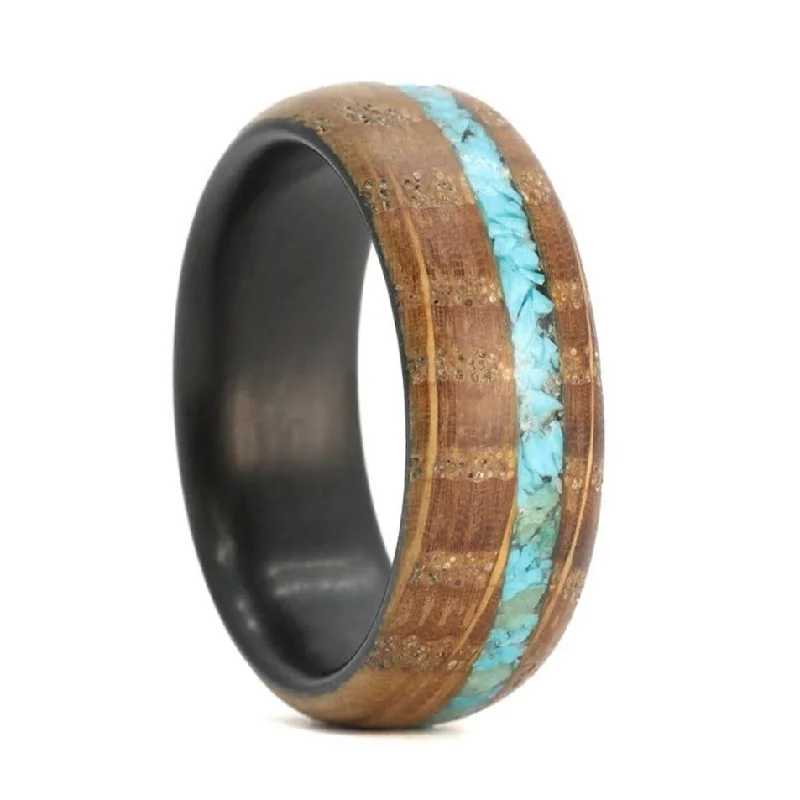 Women’s rings for anniversaries-Turquoise Stone Inlaid Men's Wood Wedding Band with Carbon Fiber Interior