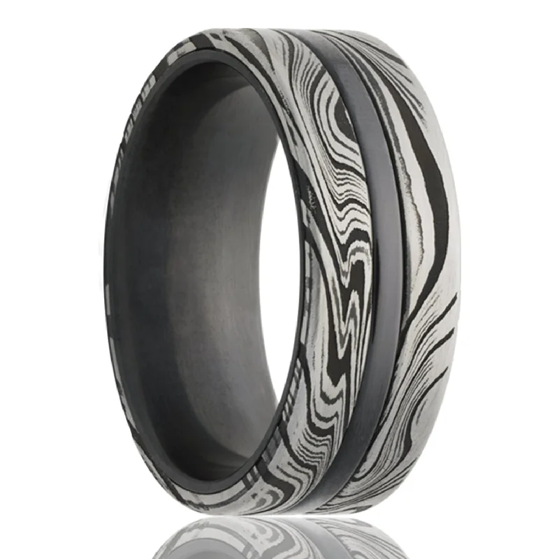 Classic gold rings for women-Grooved Damascus Steel & Zirconium Men's Wedding Band