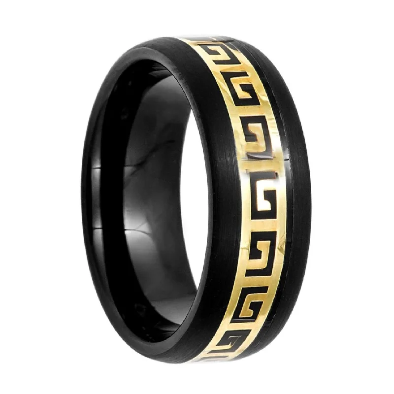 Designer rings for women-Gold Greek Key Black Tungsten Men's Wedding Band