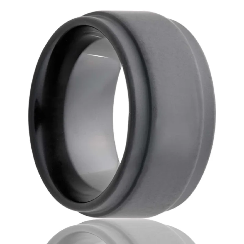 Vintage-style rings for women-Sandblasted Black Ceramic Men's Wedding Band with Stepped Edges