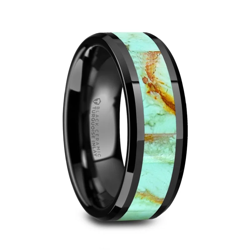 Gold engagement rings for women-Black Ceramic Men's Wedding Band with Turquoise Stone Inlay