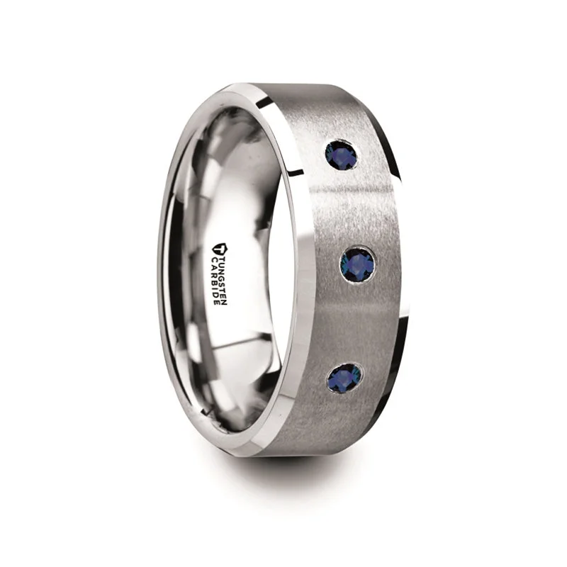 Women’s wedding bands with diamonds-Tungsten Men's Wedding Band with Three Blue Sapphires