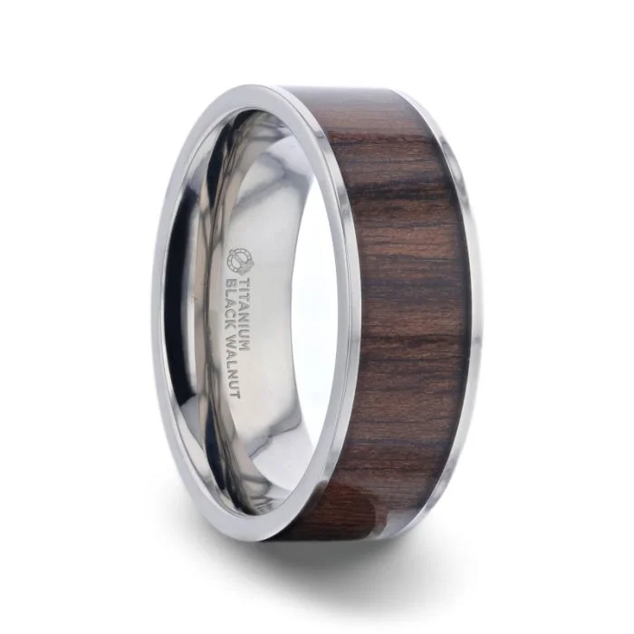 Women’s rings with rare gemstones-Black Walnut Wood Inlay Titanium Men's Wedding Band