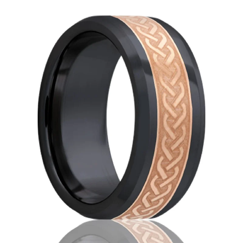 Platinum rings for women-Celtic Pattern Copper Inlay Zirconium Wedding Band with Beveled Edges