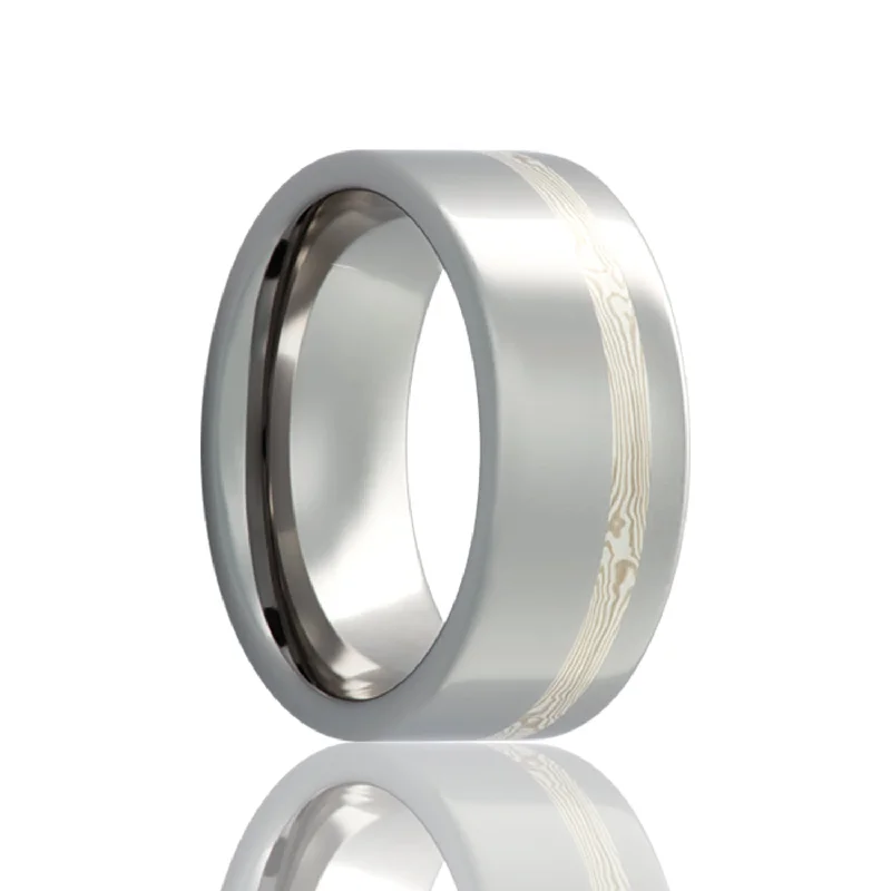 Women’s rings with ruby accents-Asymmetrical 14k White Gold & Silver Mokume Gane Inlay Cobalt Wedding Band