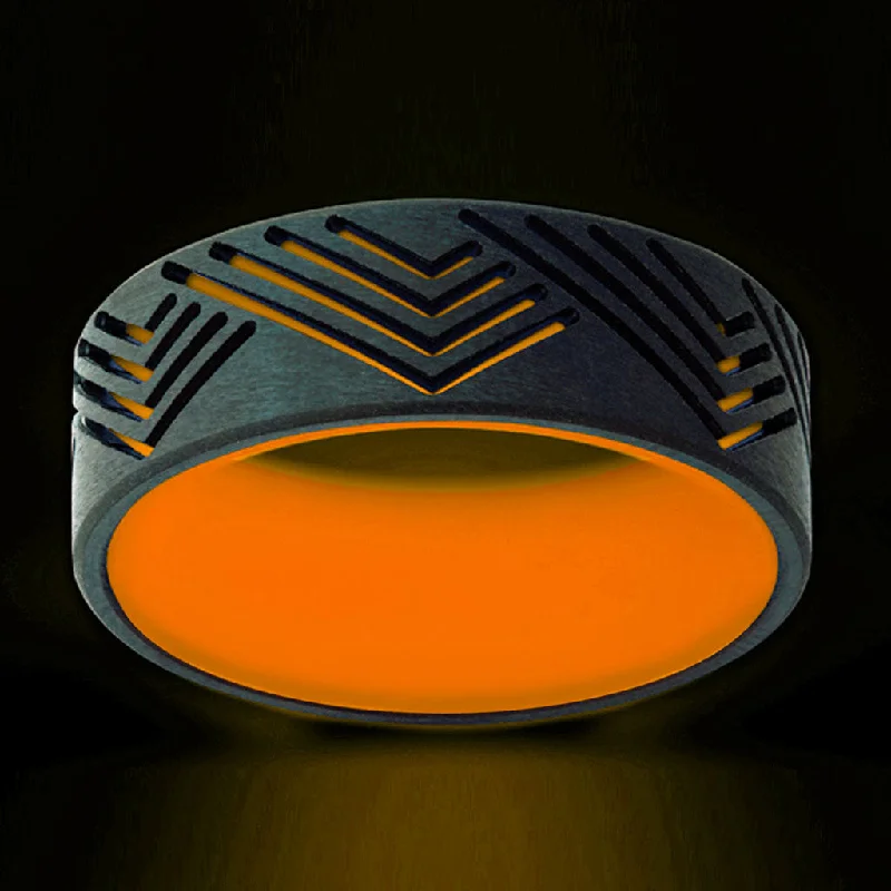 Luxury rings for women-Orange Glow in the Dark Zirconium Men's Wedding Band with Geometric Mountain Cutouts