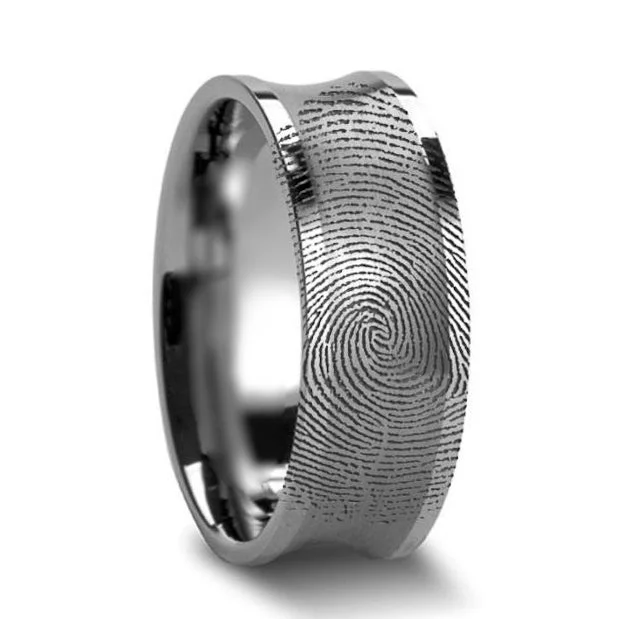 Women’s statement rings-Custom Fingerprint Engraved Concave Tungsten Ring