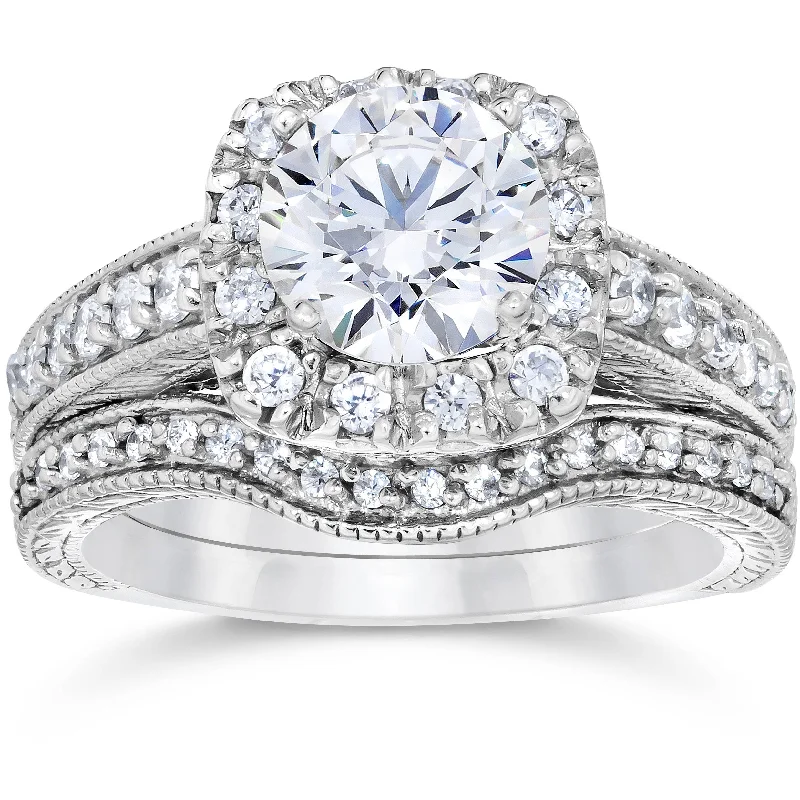 Diamond engagement rings for women-1 3/4ct Cushion Diamond Vintage Halo Engagement Ring Set 14K White Gold