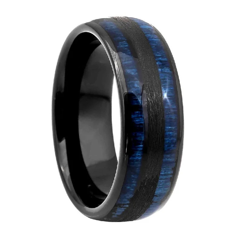 Women’s statement rings with diamonds-Dual Blue Wood Inlaid Black Tungsten Men's Wedding Band