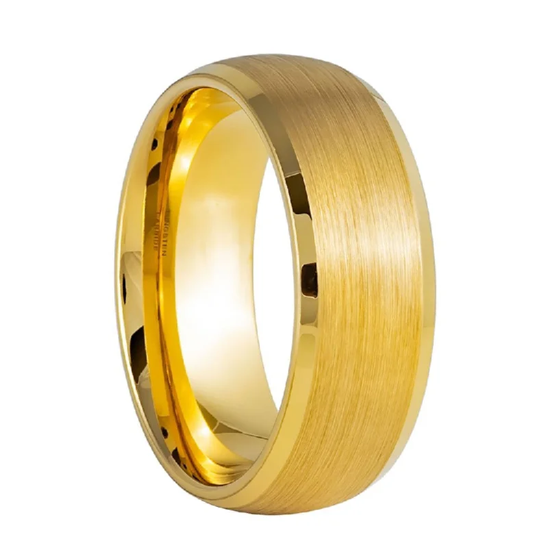 Vintage-style rings for women-Brushed Domed Gold Tungsten Men's Wedding Band with Polished Beveled Edges