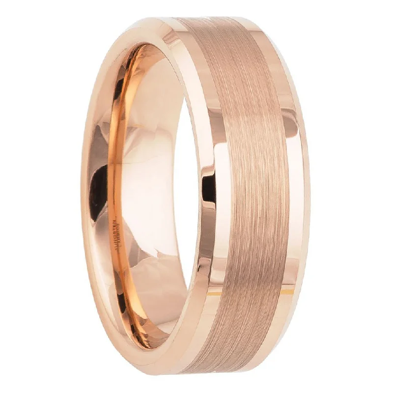 Unique wedding bands for women-Brushed Center Rose Gold Tungsten Men's Wedding Band with Beveled Edges