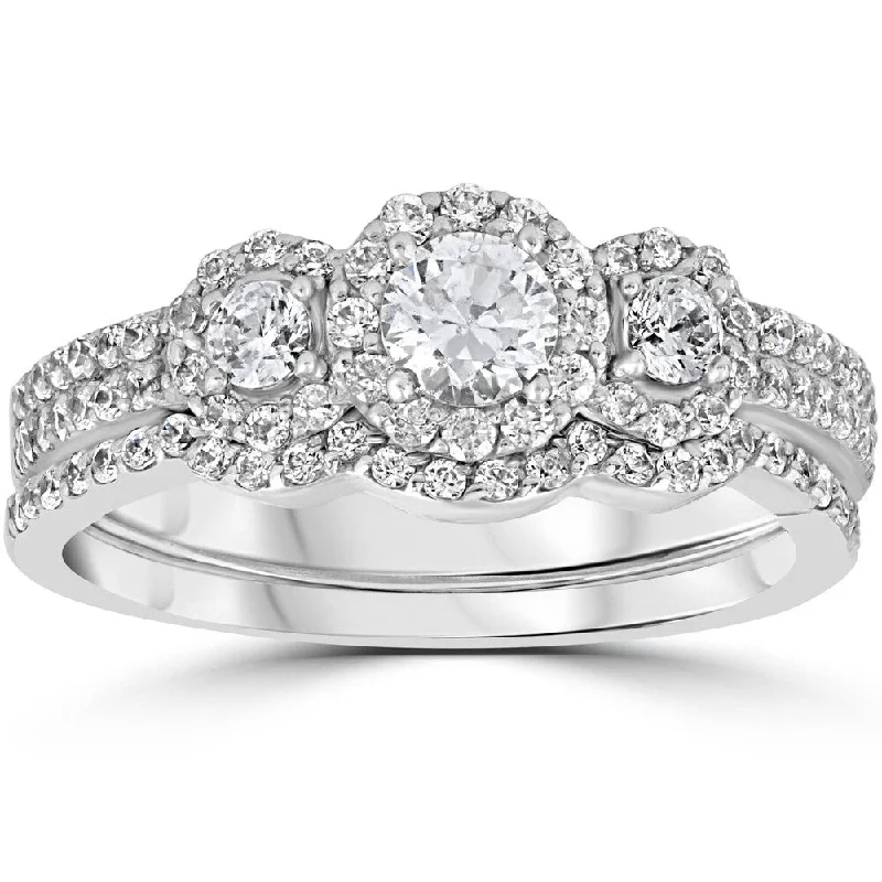 Engagement rings with modern settings-1.00CT 3-Stone Diamond Engagement Wedding Ring Set 10K White Gold