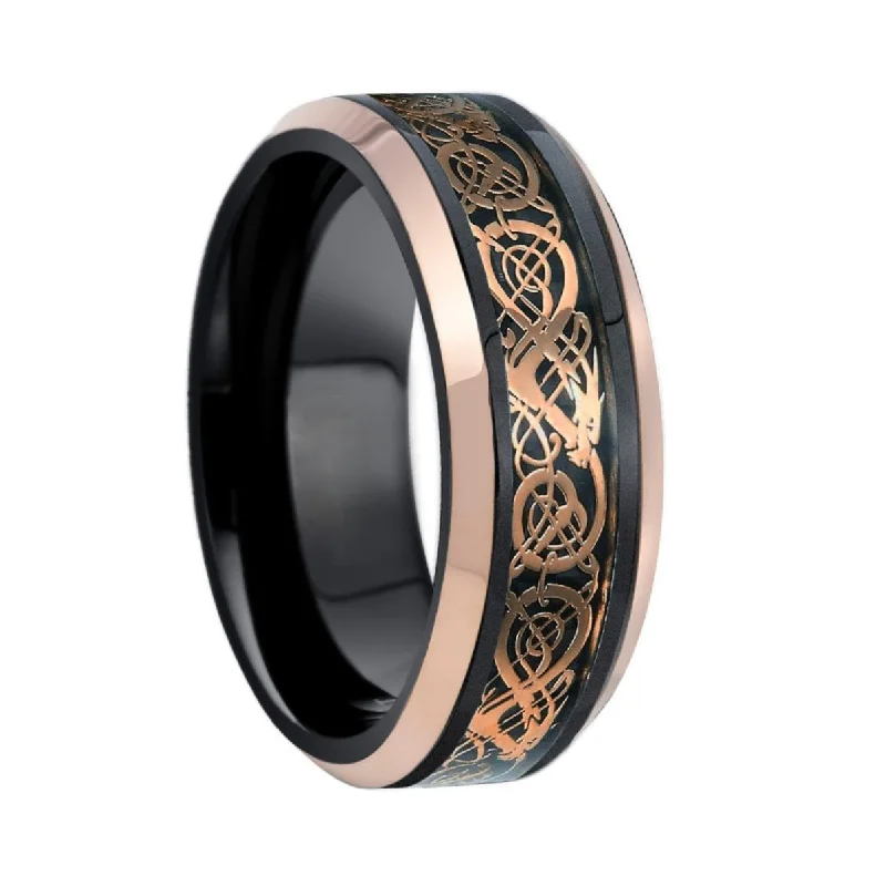 Statement rings for women-Black & Rose Gold Tungsten Men's Wedding Band with Celtic Dragon Inlay