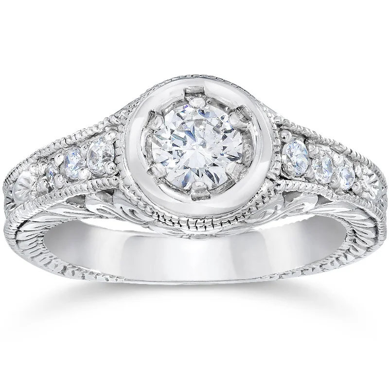 Women’s sapphire engagement rings-Vintage Diamond Engagement Ring 5/8ct 14K White Gold Hand Engraved Style