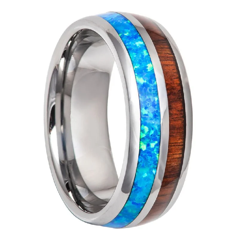 Women’s gemstone rings-Tungsten Men's Wedding Band with Wood & Opal Inlay