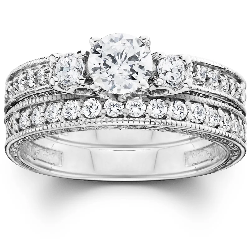 Engagement rings with platinum bands-1 1/4ct Vintage Diamond Engagement Wedding Ring Set 14K