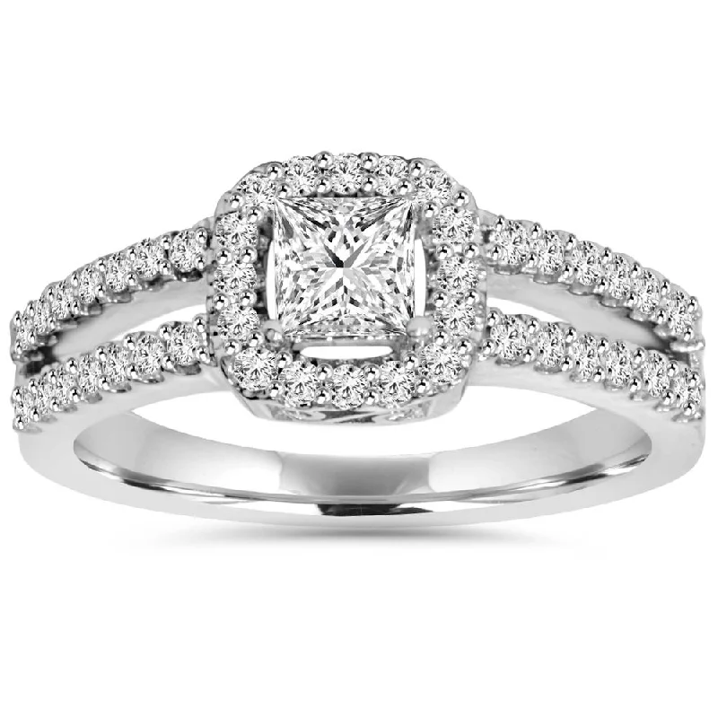 Engagement rings with vintage design-1 Carat Princess Cut Split Shank Halo Diamond Engagement Ring 14K White Gold