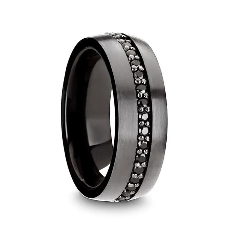 Women’s black diamond rings-Gunmetal Tungsten Men's Wedding Band with Black Sapphires