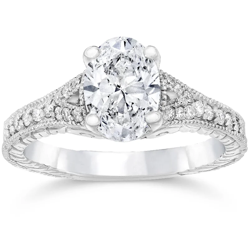 Women’s engagement rings with diamond accents and halo-1 1/4ct oval Diamond Vintage Engagement Ring 14K White Gold