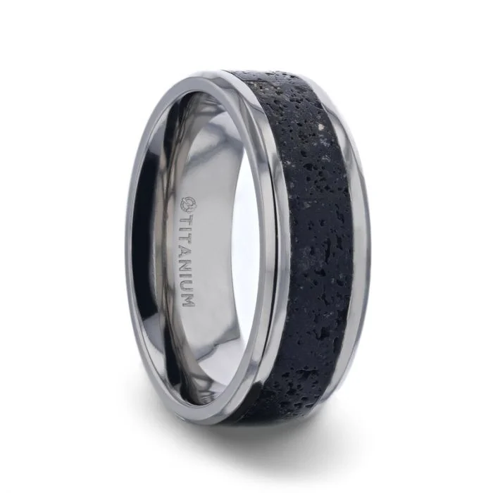 Women’s chunky statement rings-Titanium Men's Wedding Band with Lava Rock Inlay